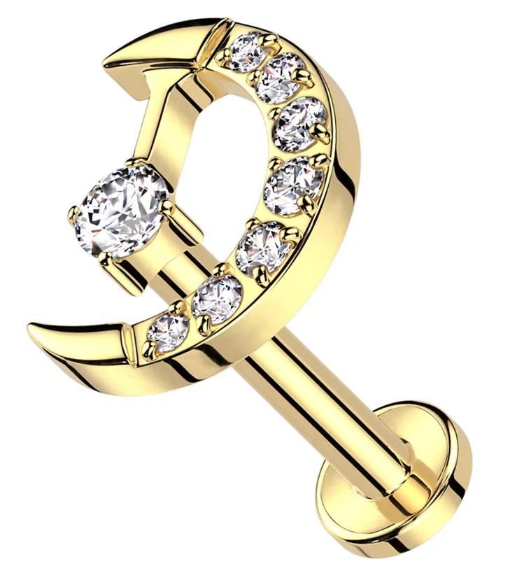 Gold PVD Half Moon Clear CZ Drop Internally Threaded Titanium Labret - Mrs Treak