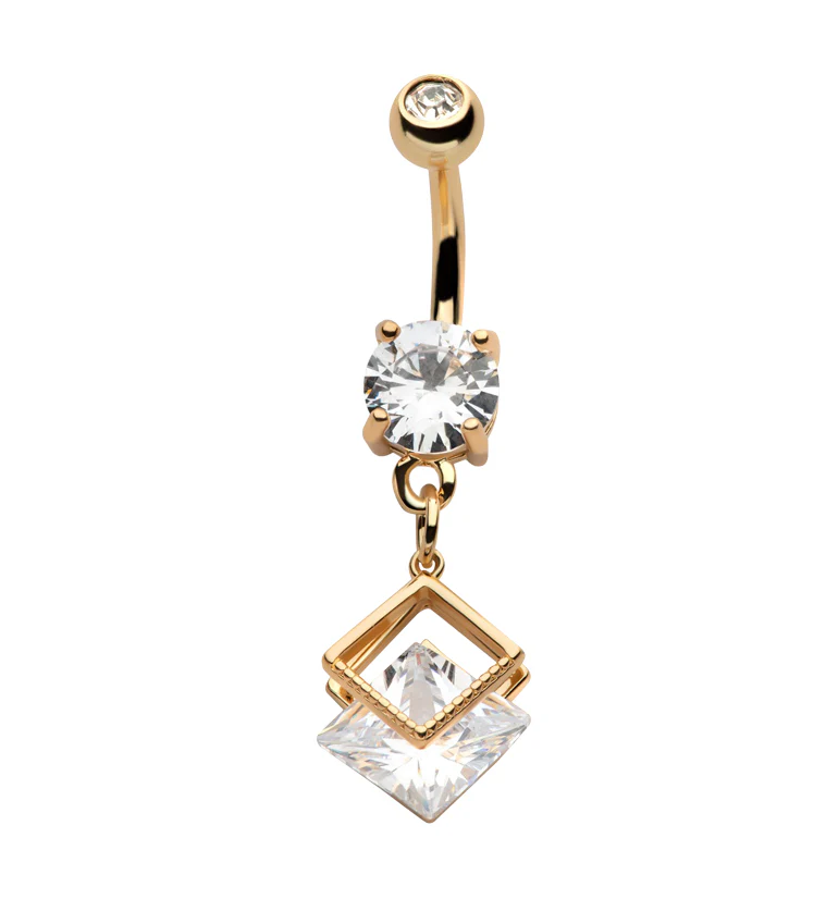 Gold PVD Double Square CZ Dangle Stainless Steel Belly Button Ring - Mrs Treak