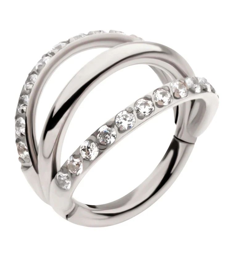 Triple Side Bar Dual Clear CZ Row Titanium Hinged Segment Ring - Mrs Treak