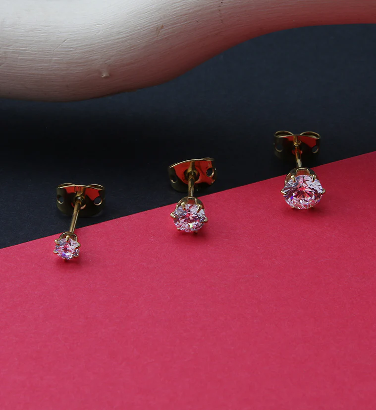24kt Gold PVD CZ Prong Titanium Earrings - Mrs Treak