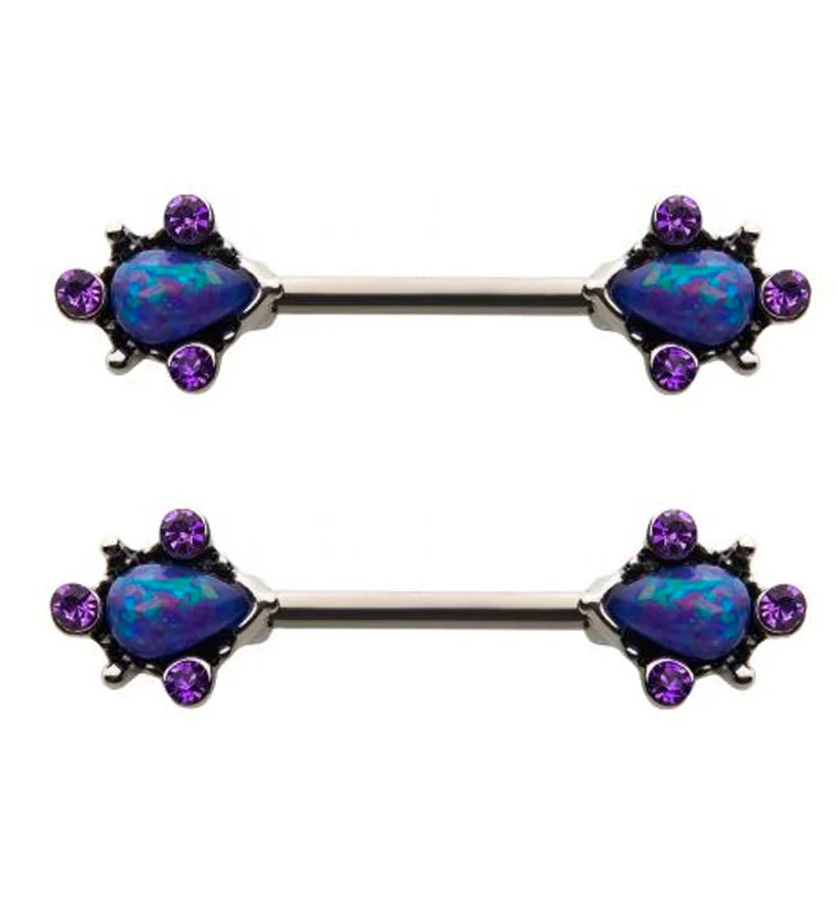 14G Purple Opalite & CZ Filigree Nipple Rings Barbell - Mrs Treak