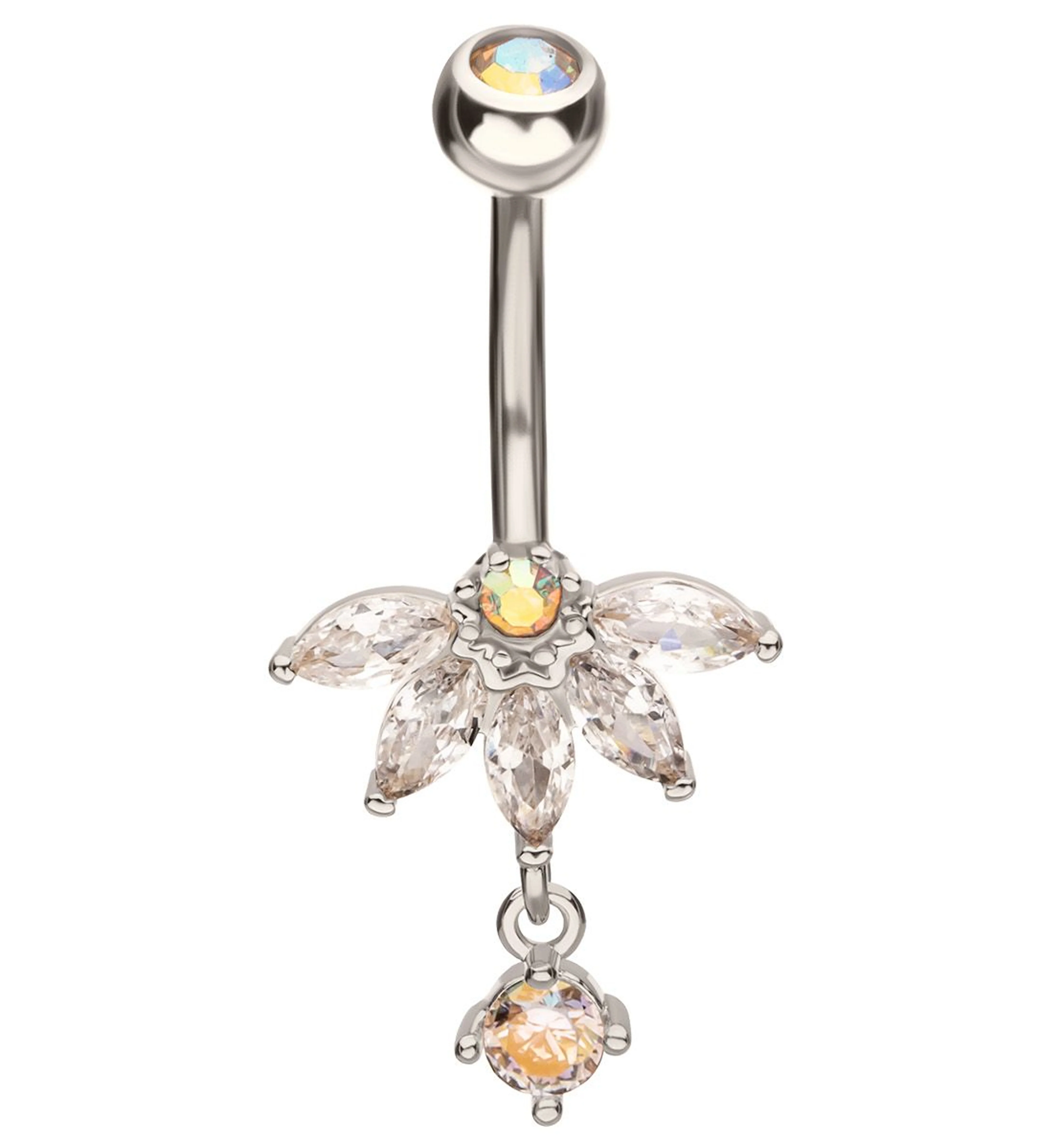 Half Flower Rainbow Aurora And Clear CZ Dangle Stainless Steel Belly Button Ring - Mrs Treak