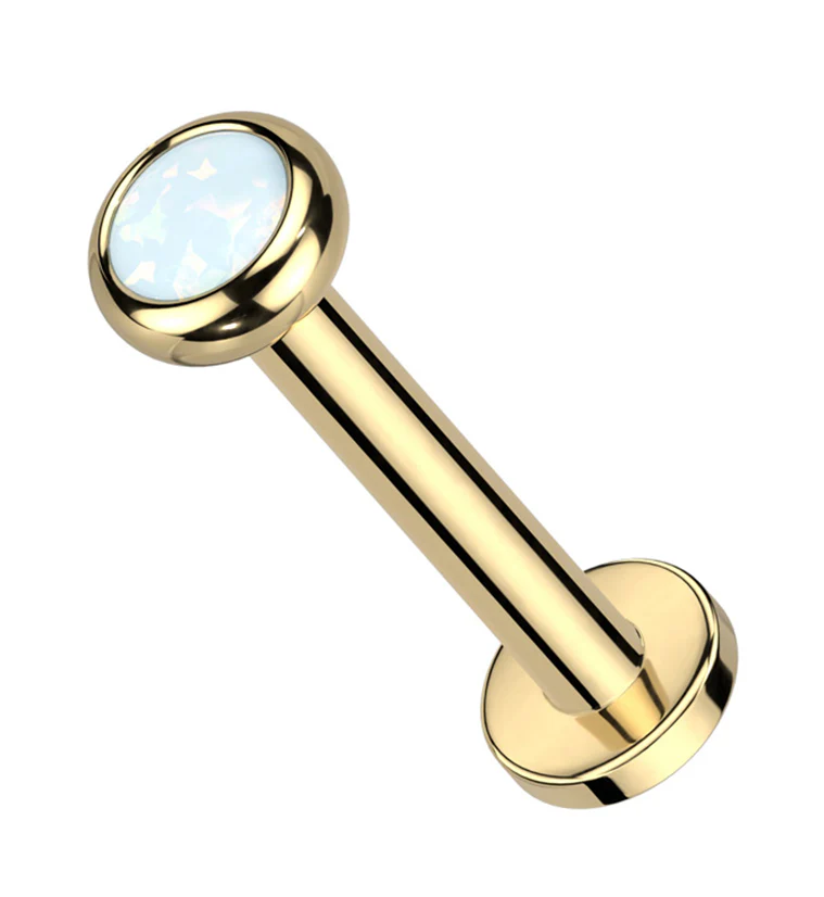 Gold PVD Flat Bezel White Opalite Internally Threaded Titanium Labret - Mrs Treak