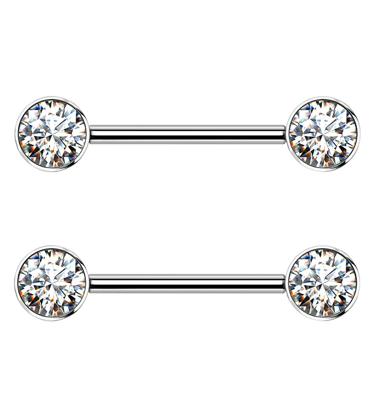 14G Double Clear CZ Titanium Nipple Ring Barbell - Mrs Treak