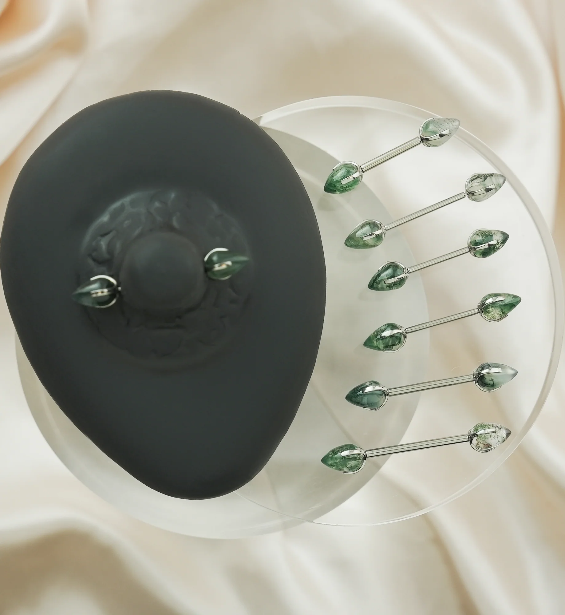 Point Moss Agate Stone Threadless Titanium Nipple Barbell - Mrs Treak