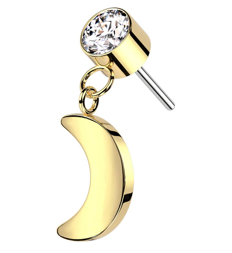 Gold PVD Clear CZ Dangle Crescent Moon Titanium Threadless Top - Mrs Treak