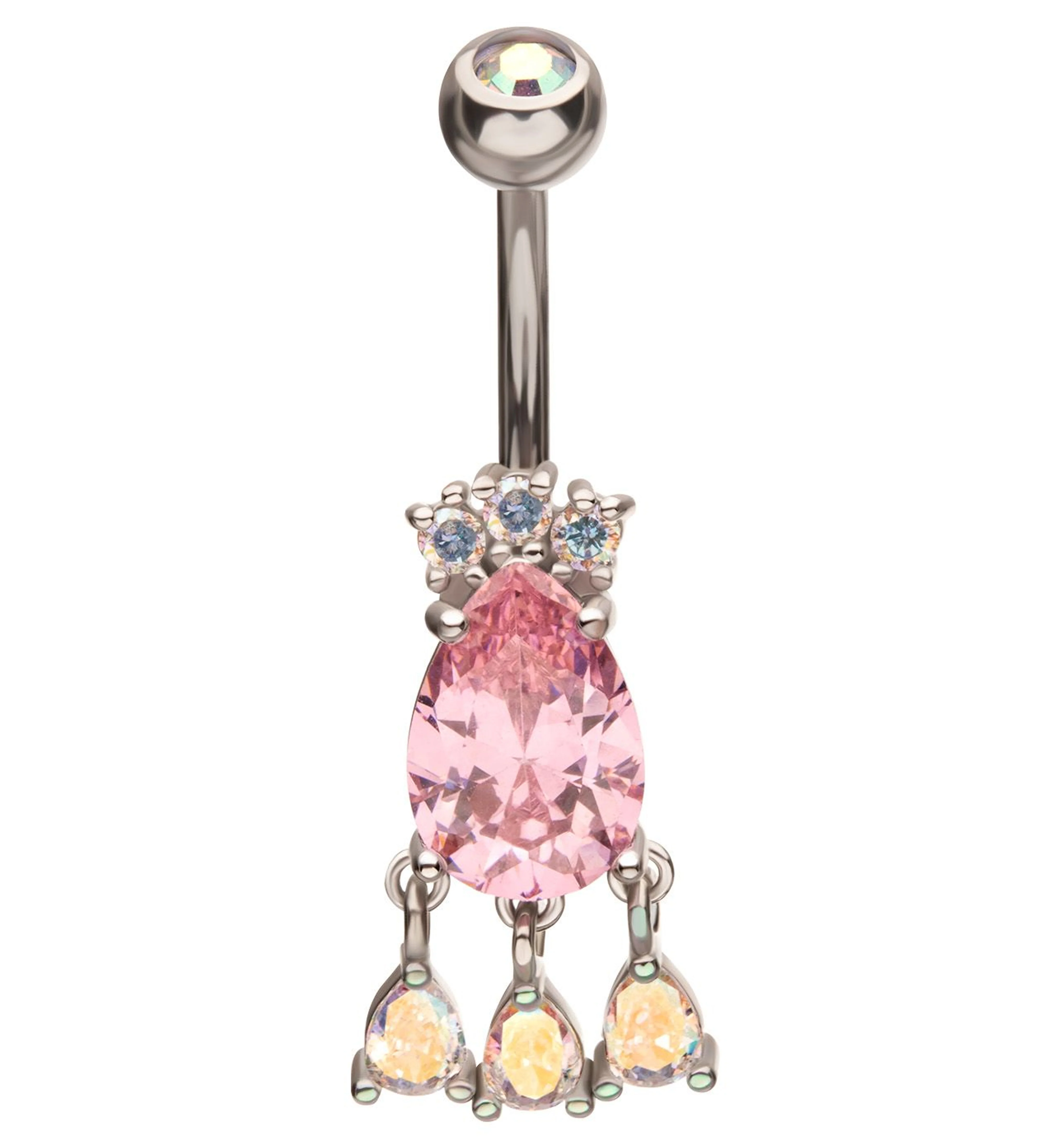 Triple Dangle Teardrop Pink And Rainbow Aurora CZ Stainless Steel Belly Button Ring - Mrs Treak