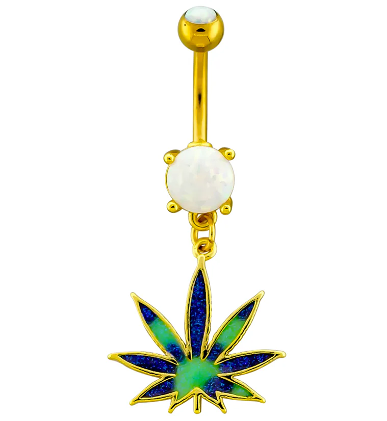 Gold PVD White Opalite Tie Dye Pot Leaf Stainless Steel Belly Button Ring - Mrs Treak