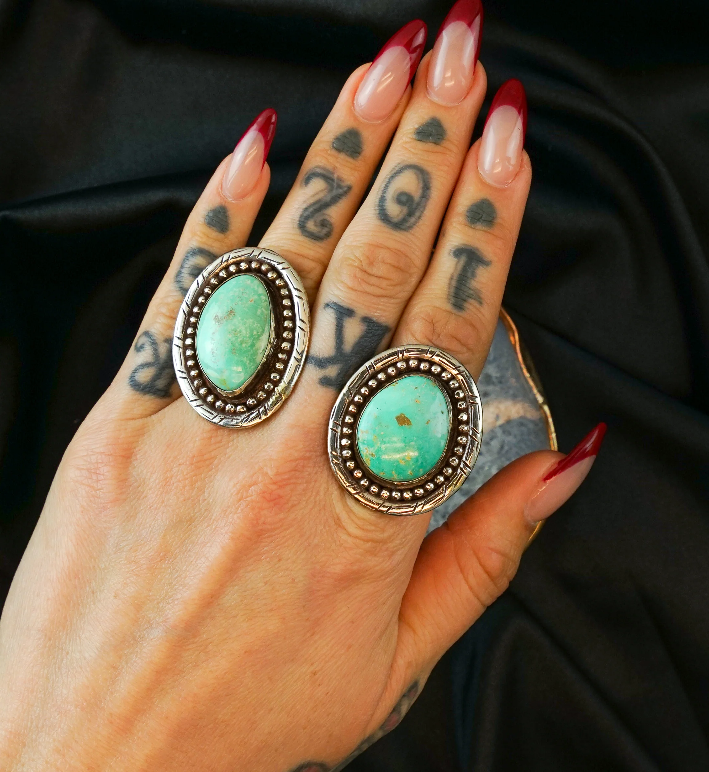 Ornate Round Turquoise Stone White Brass Ring - Mrs Treak