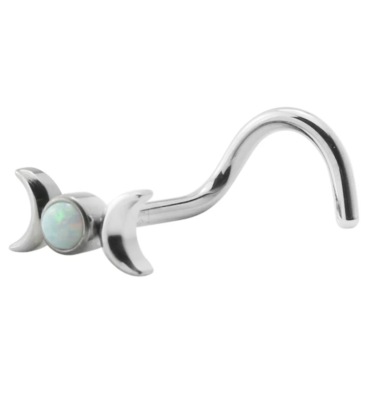Double Half Moon White Opalite Titanium Threadless Nose Screw Ring - Mrs Treak
