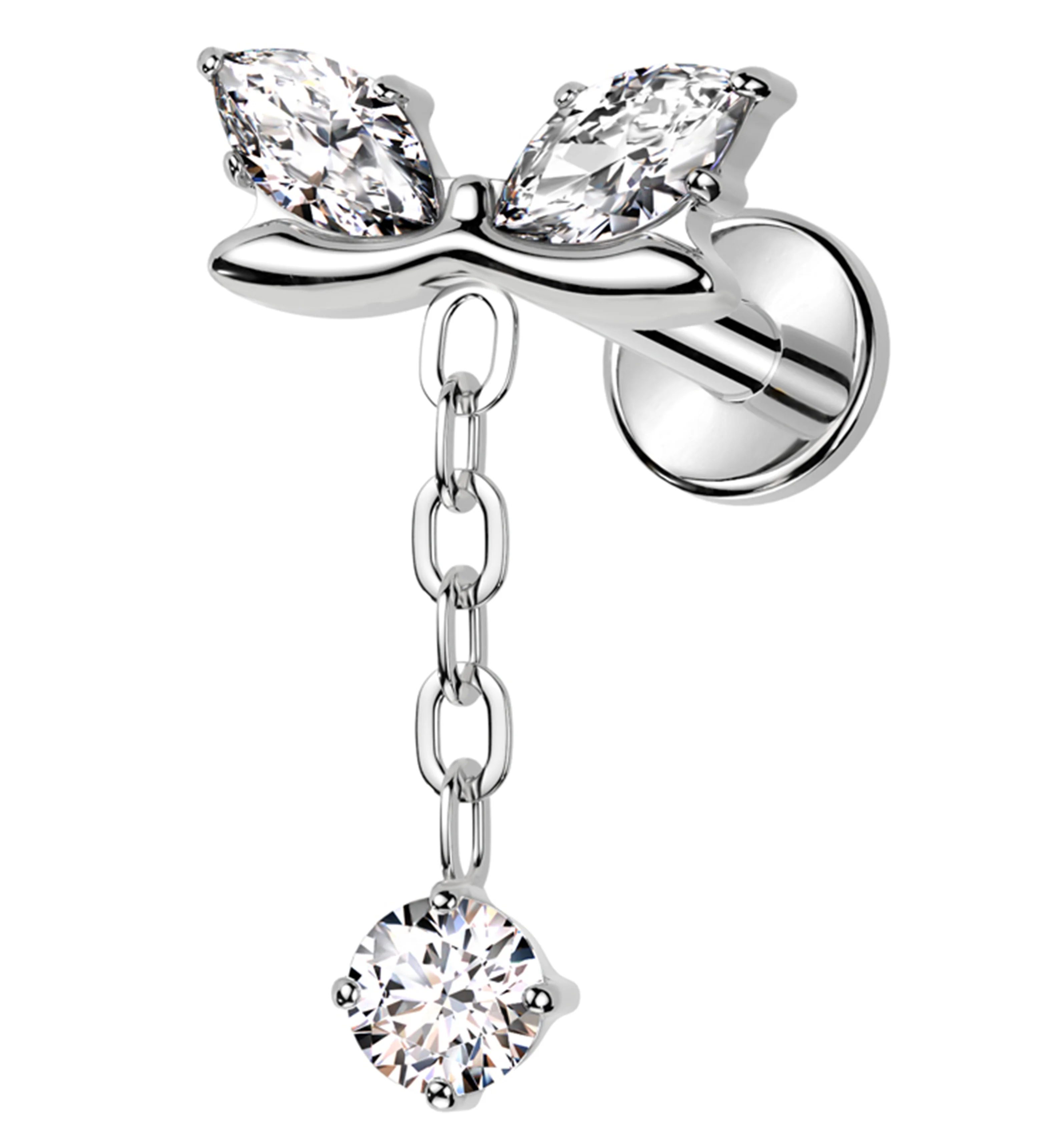 Marquise Bow Clear CZ Dangle Internally Threaded Titanium Labret Post - Mrs Treak