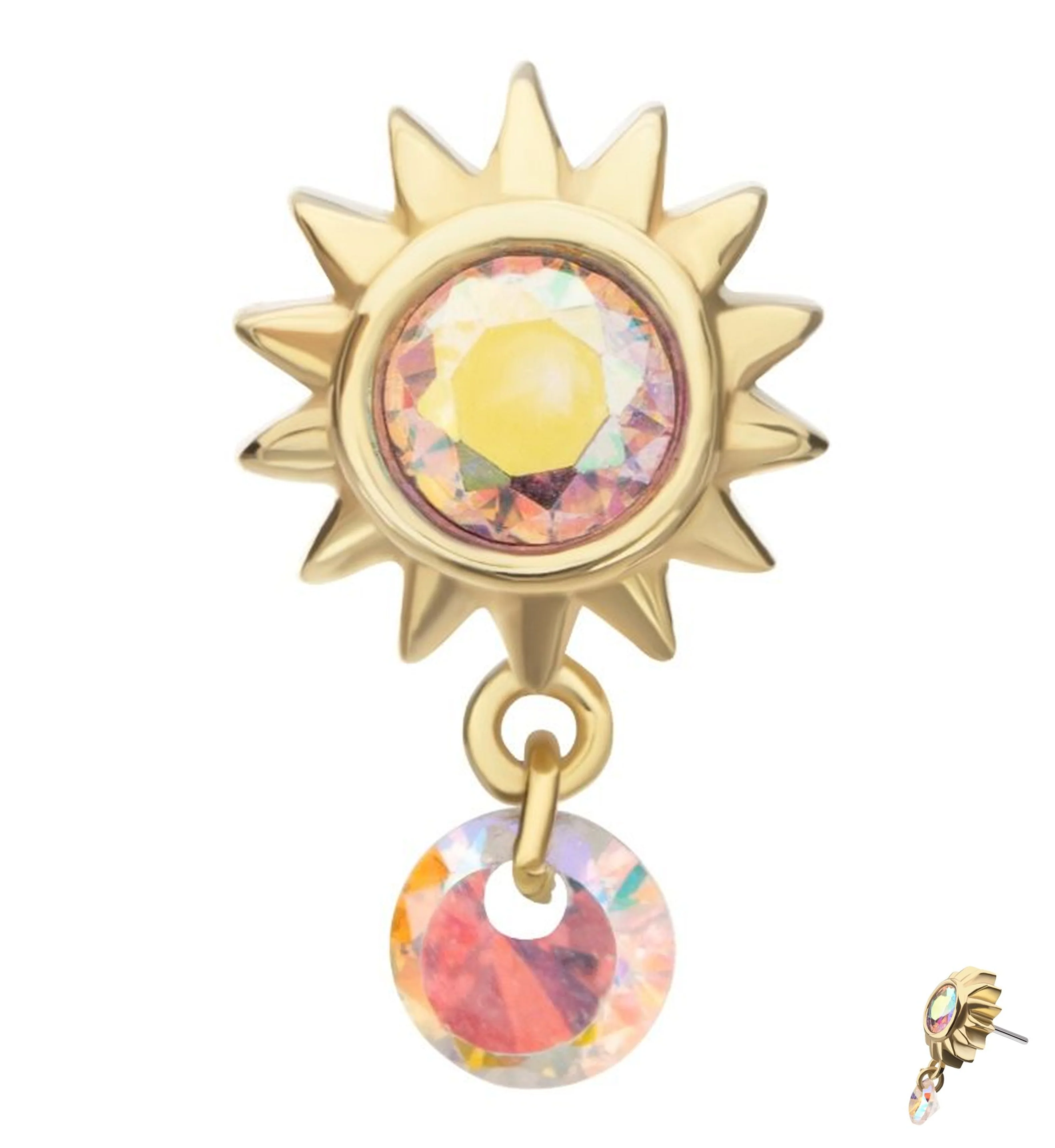 14kt Gold Spike Sun Rainbow Aurora CZ Dangle Threadless Top - Mrs Treak