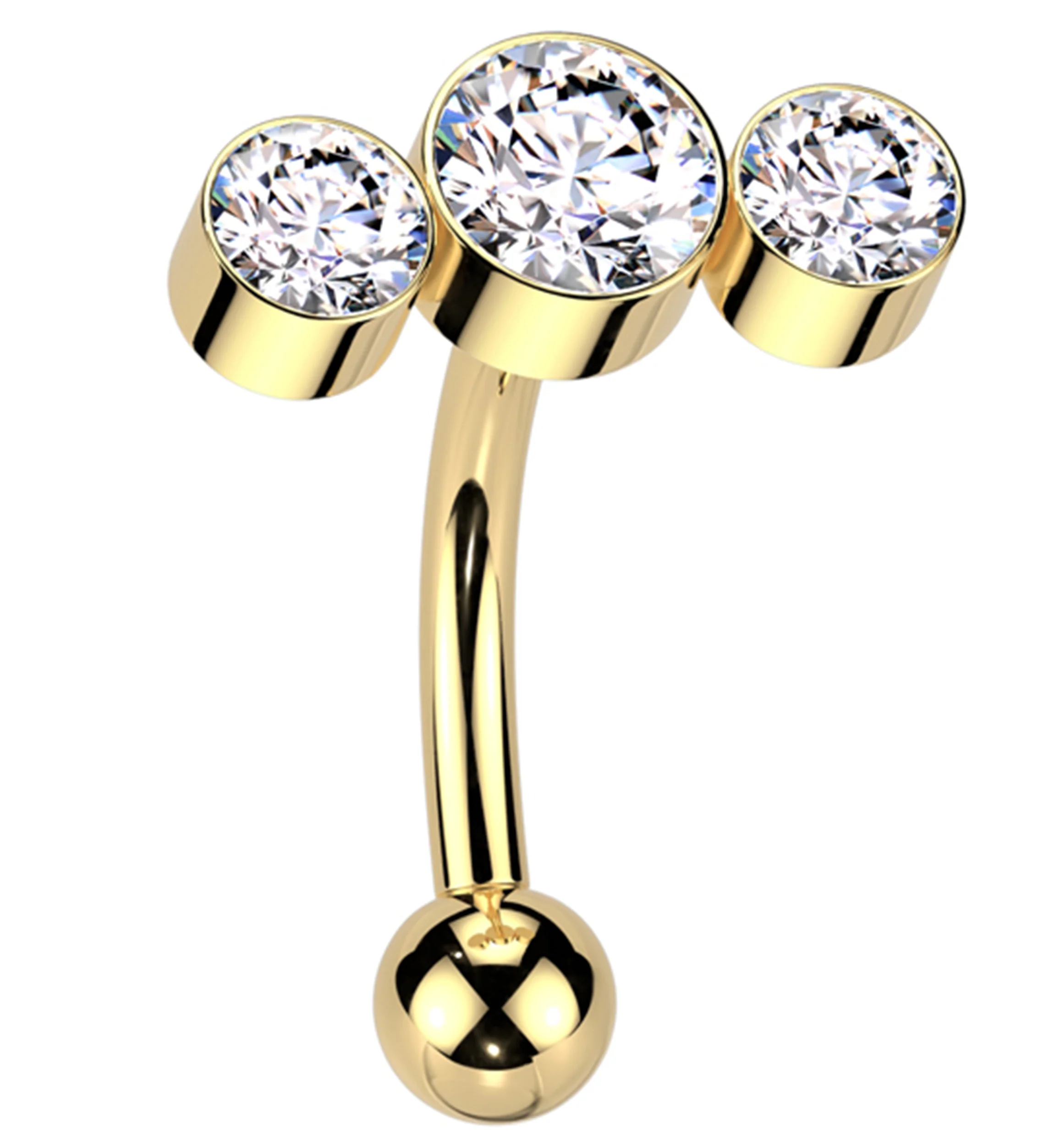 Gold PVD Curve Triple Clear CZ Threadless Titanium Curved Barbell - Mrs Treak