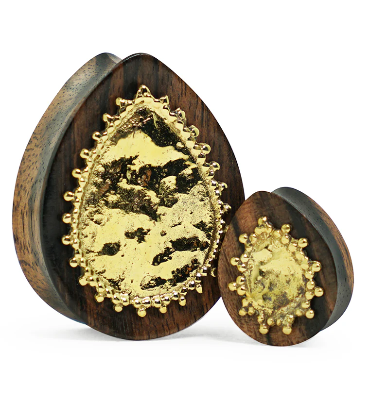 Doily Brass Inlay Areng Wood Teardrop Plugs - Mrs Treak