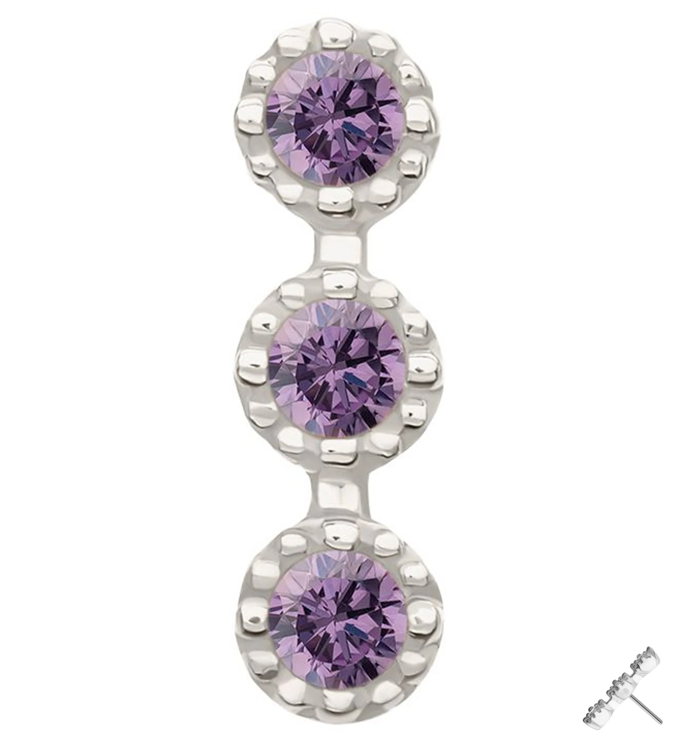 14kt White Gold Triple Stacked Beaded Amethyst CZ Threadless Top - Mrs Treak
