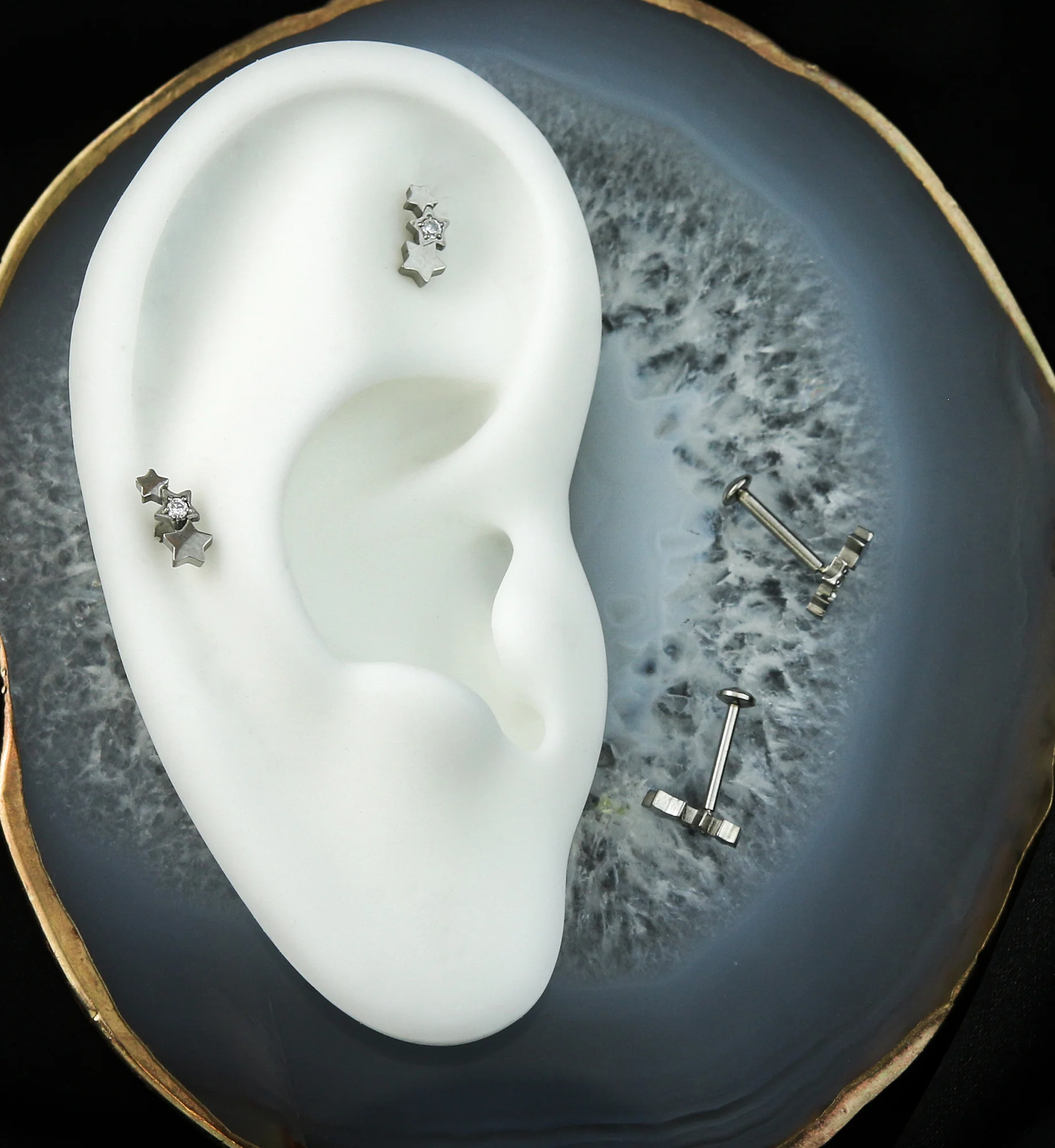 Triple Star Clear CZ Stainless Steel Convex Back Threadless Labret - Mrs Treak