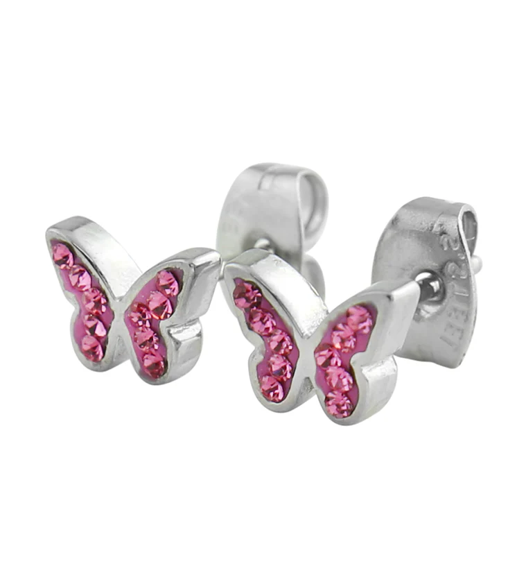 Butterfly Hot Pink CZ Stainless Steel Stud Earrings - Mrs Treak