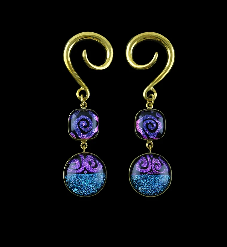 Aqua Purple Coil Glass Cab Brass Ear Weights - Mrs Treak