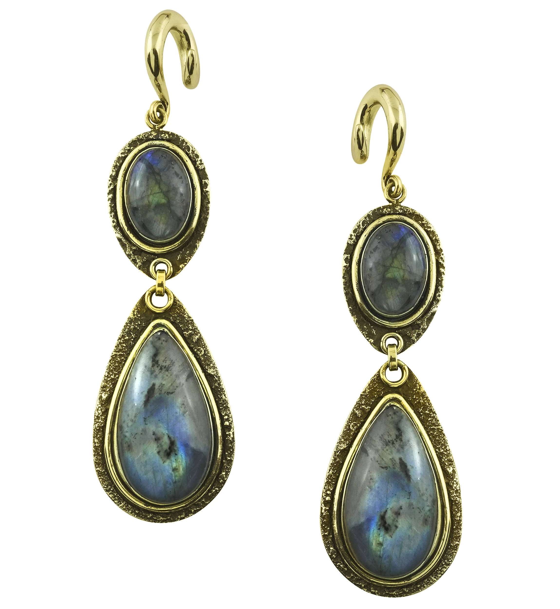 Double Labradorite Stone Hanging Brass Ear Weights - Mrs Treak