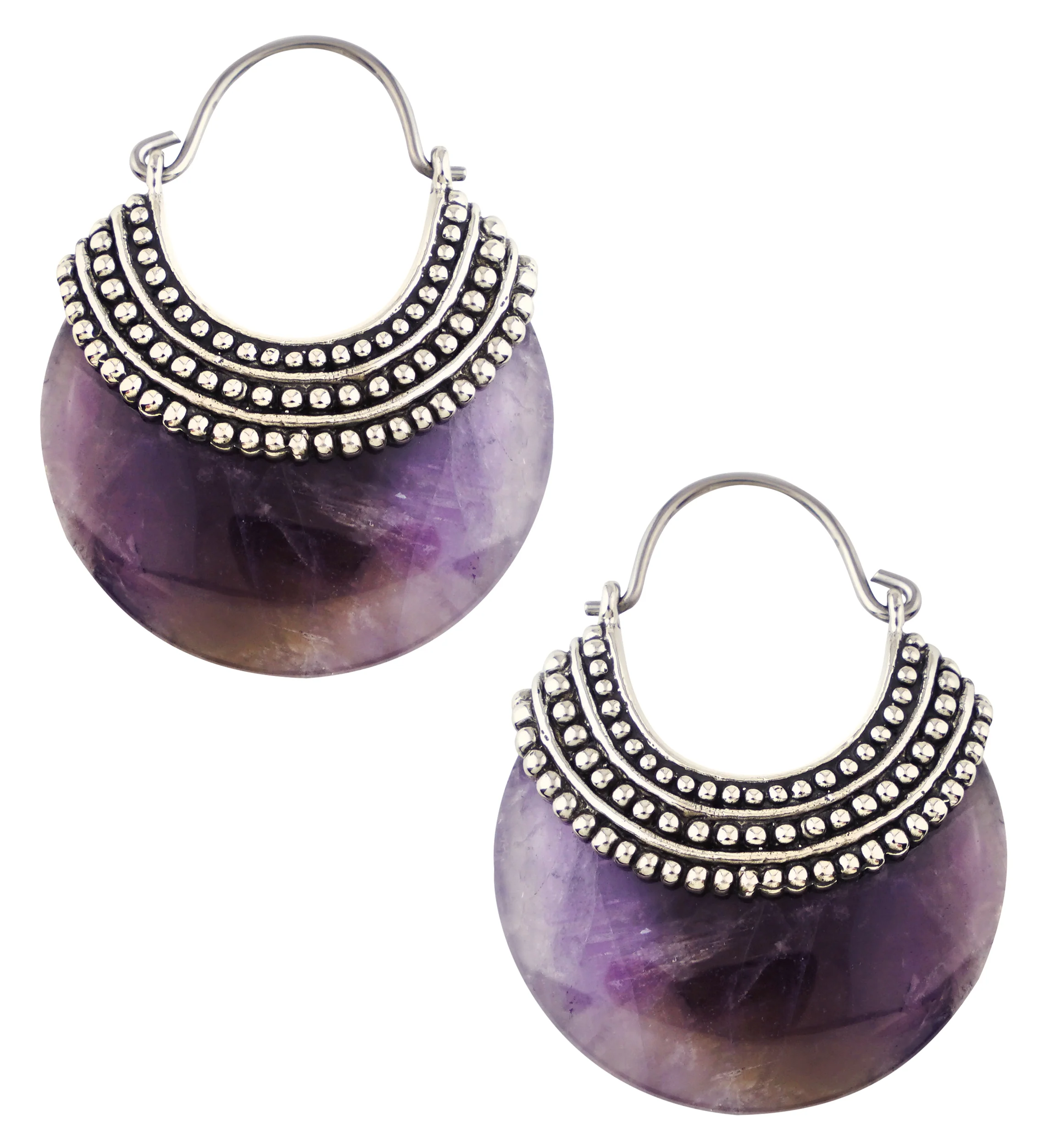 Amethyst Beaded White Brass Stone Earrings - Mrs Treak