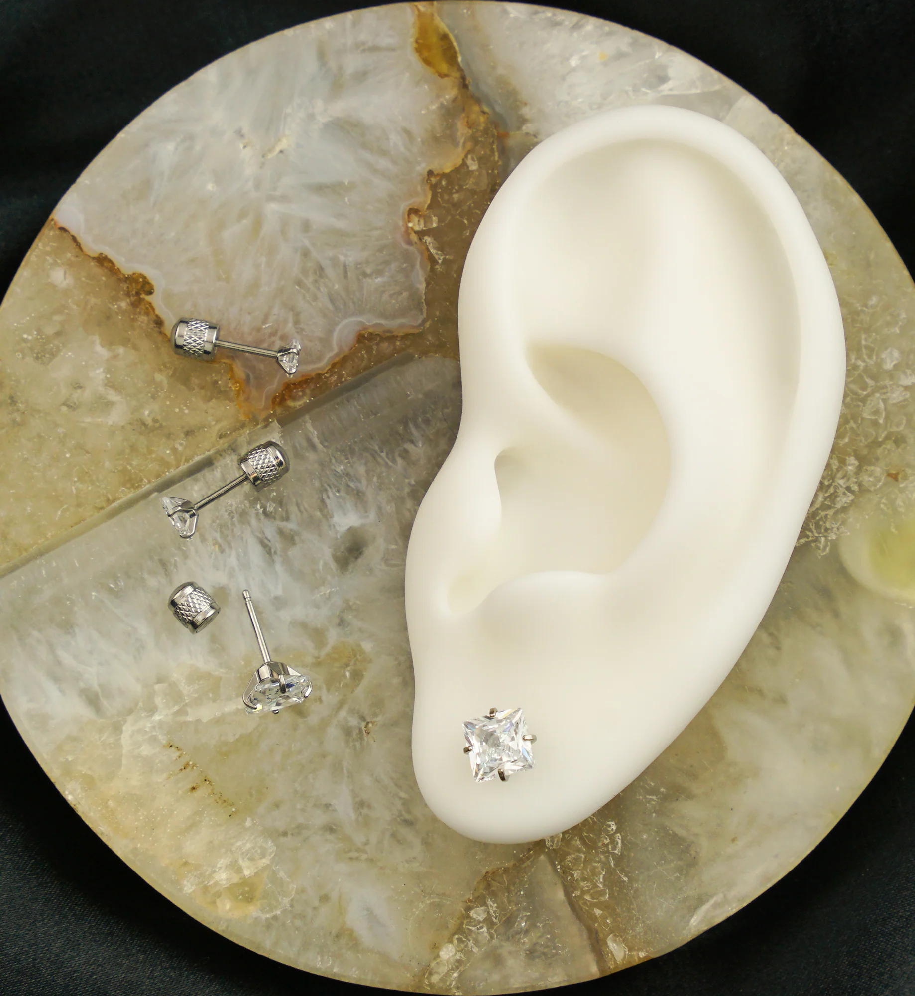 Square Clear CZ Stainless Steel Textured Cylinder Back Stud Earrings - Mrs Treak