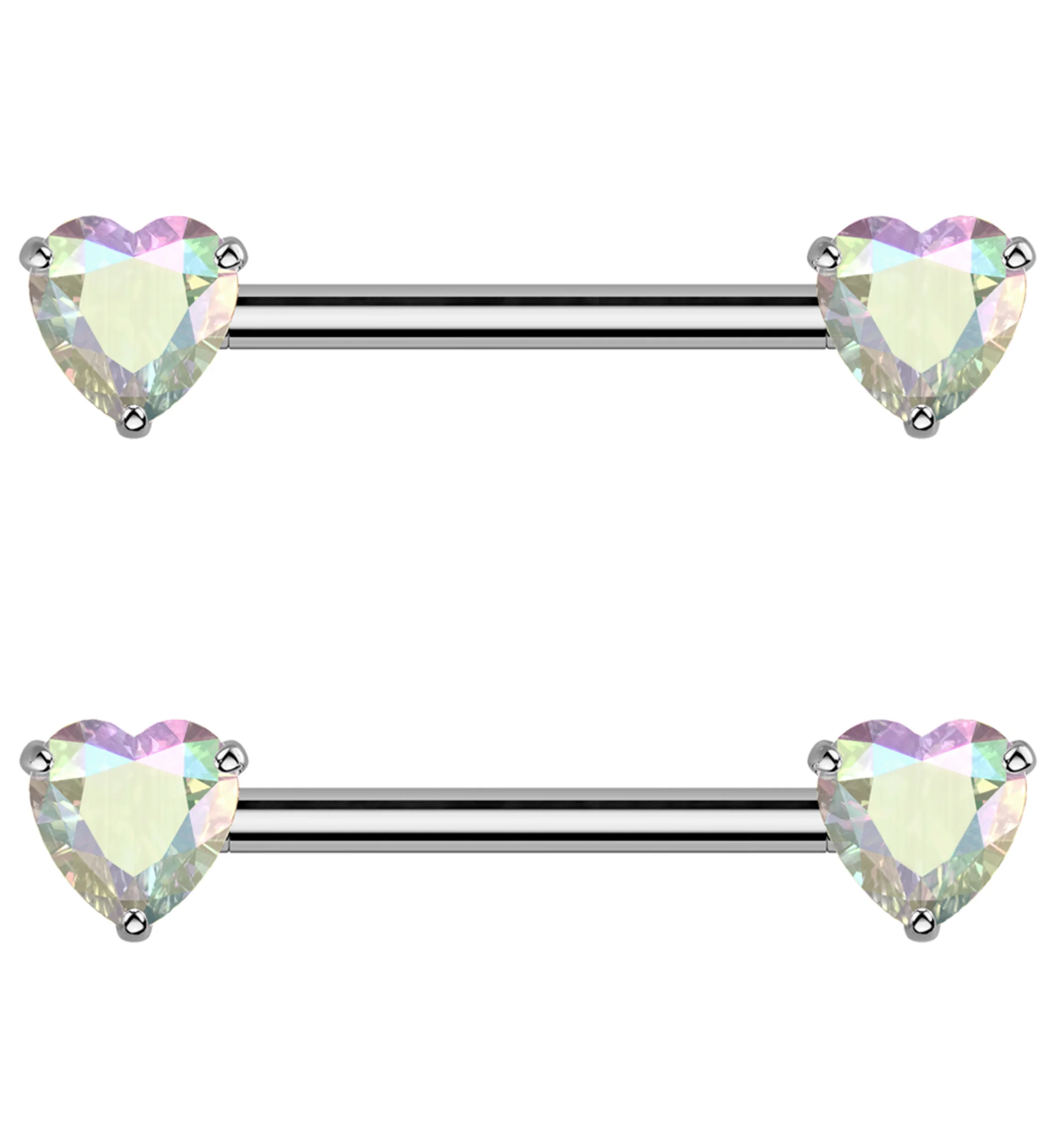 Rainbow Aurora Heart CZ Threadless Titanium Nipple Barbell - Mrs Treak