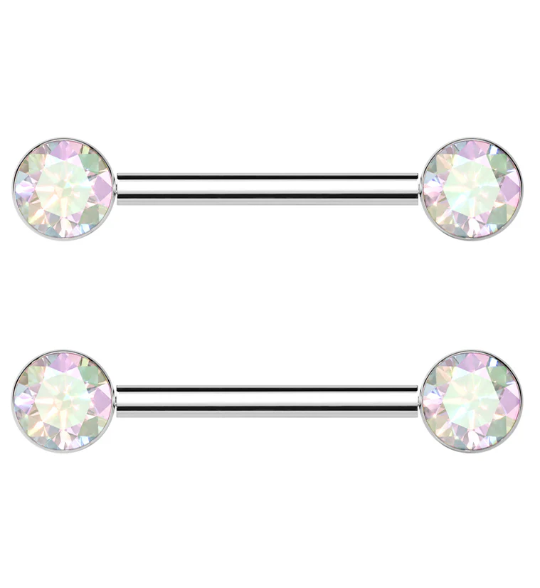 Bezel Rainbow Aurora CZ Threadless Titanium Nipple Barbells - Mrs Treak