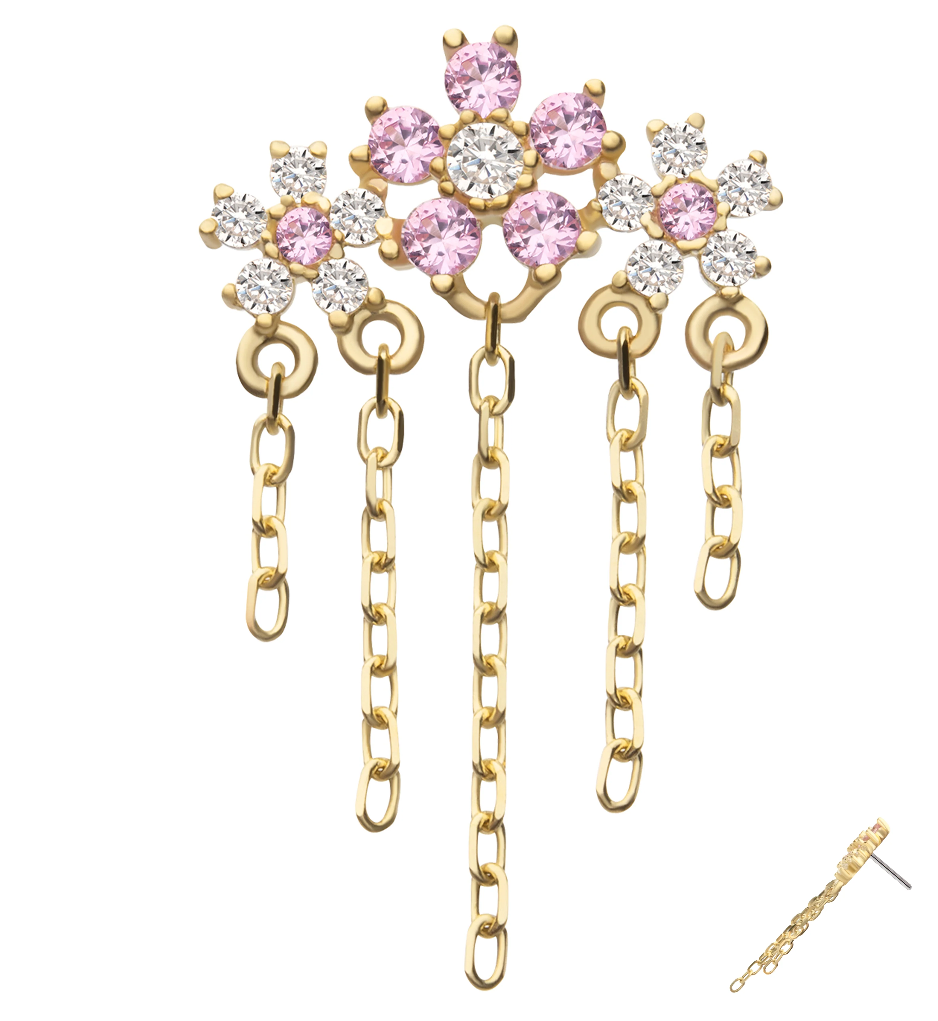 14kt Gold Triple Floral Blossom Clear and Pink CZ Dangle Chains Threadless Top - Mrs Treak