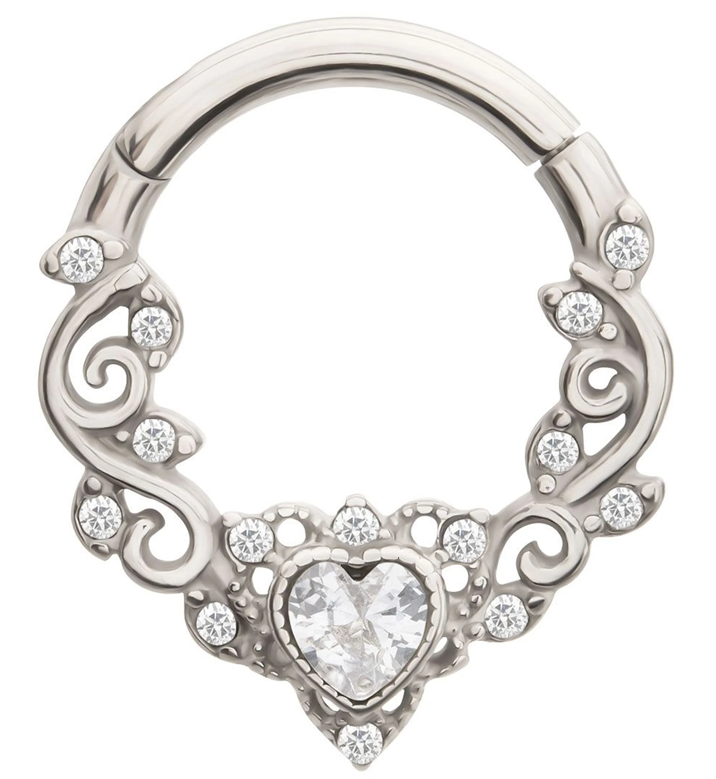 Ornamental Heart Clear CZ Stainless Steel Hinged Segment Ring - Mrs Treak