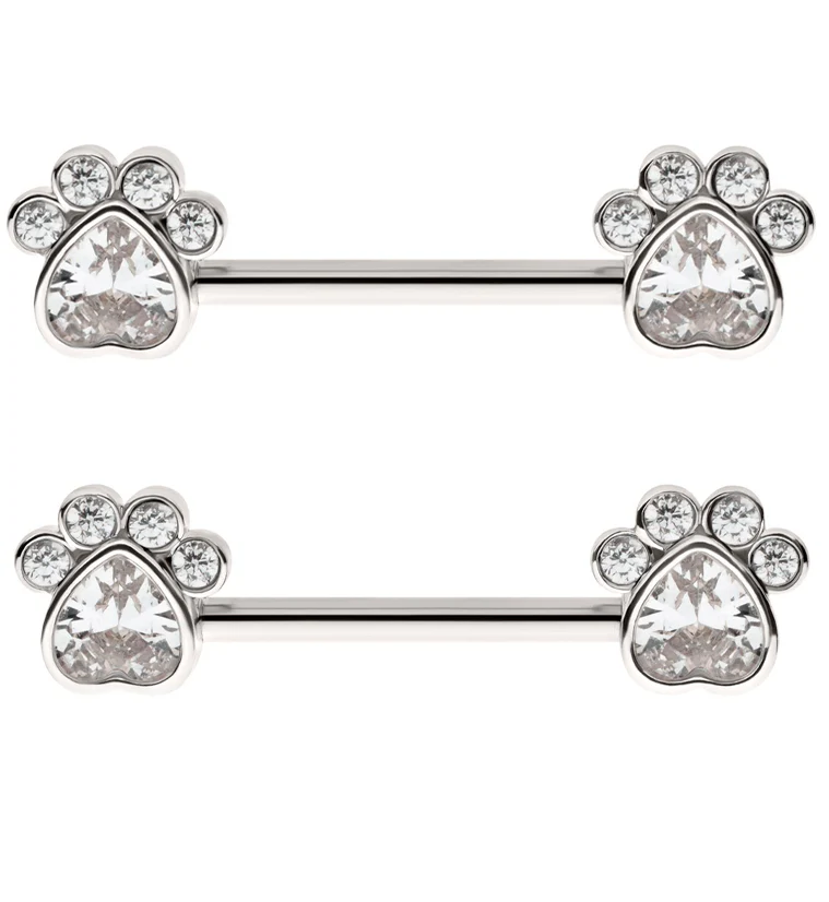 Paw Print Clear CZ Stainless Steel Nipple Barbell - Mrs Treak