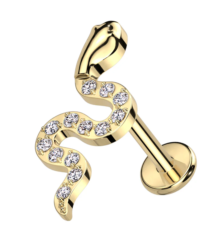 Gold PVD Snake Clear CZ Internally Threaded Titanium Labret - Mrs Treak
