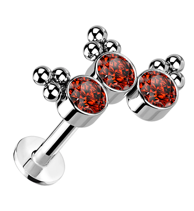 16G Triple Beaded Red CZ Curve Titanium Threadless Labret - Mrs Treak