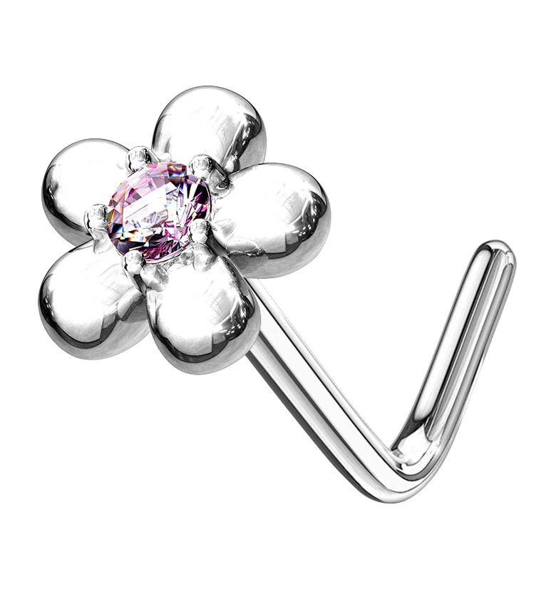 14kt White Gold Daisy Pink CZ L Bend Nose Ring - Mrs Treak