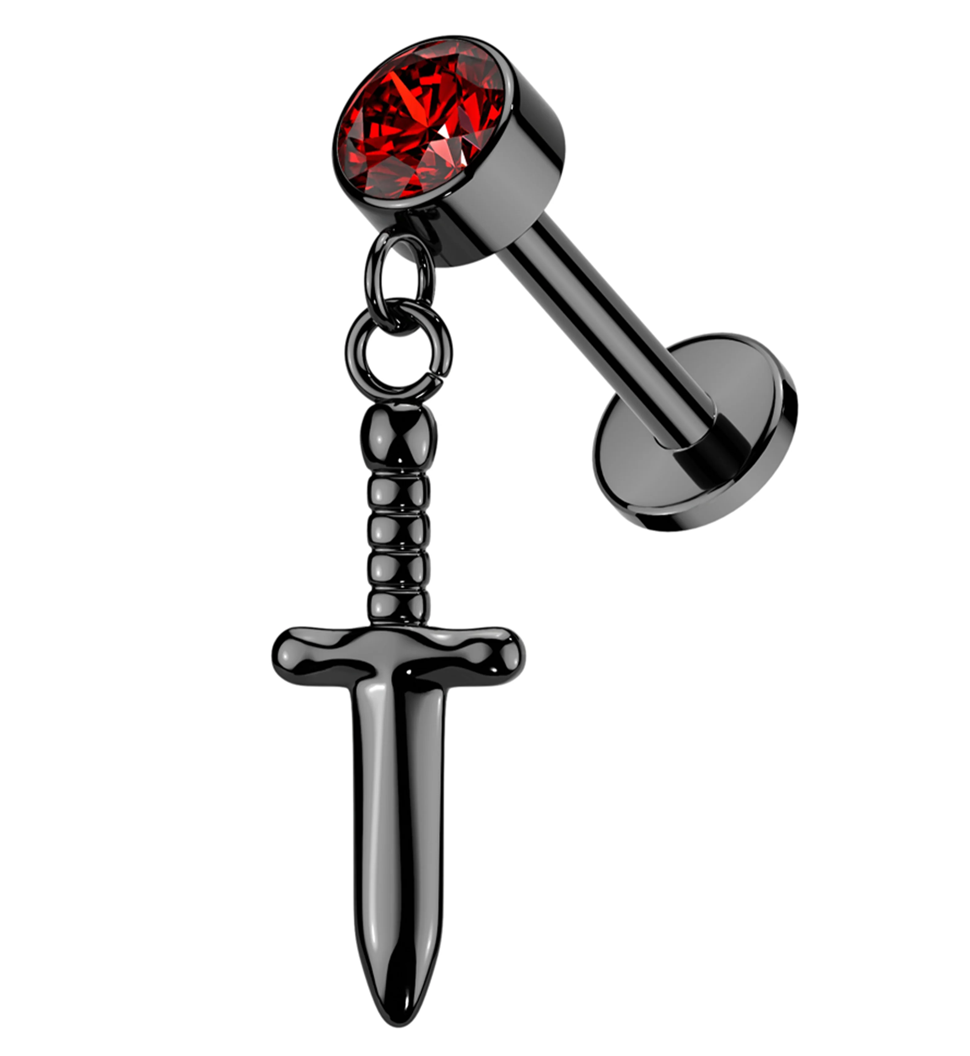 Black PVD Twisted Handle Dagger Dangle Internally Threaded Titanium Labret - Mrs Treak