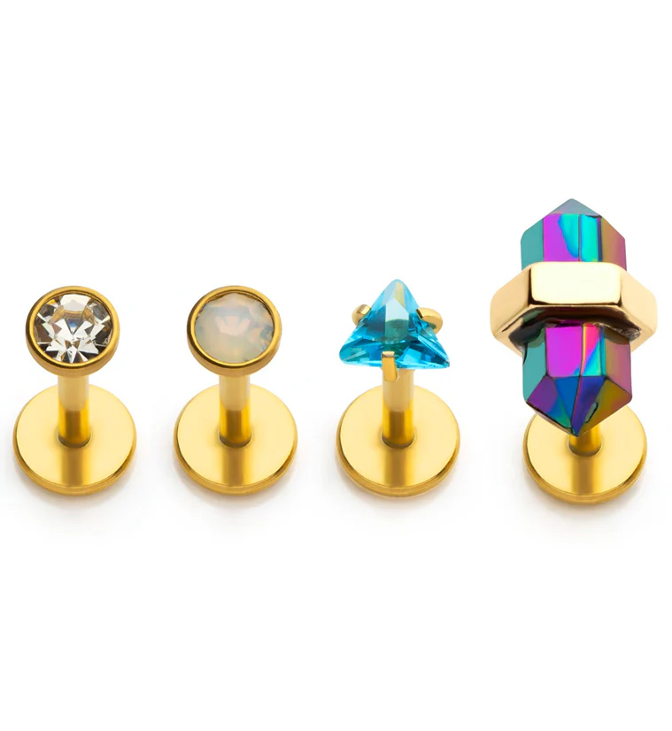 Gold PVD Aqua Triangle CZ and Rainbow Aurora Opalite Stainless Steel Internally Threaded Labret (Pack of 4) - Mrs Treak
