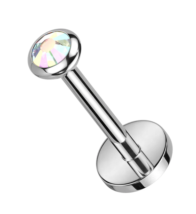 Flat Rainbow Aurora CZ Titanium Threadless Labret - Mrs Treak