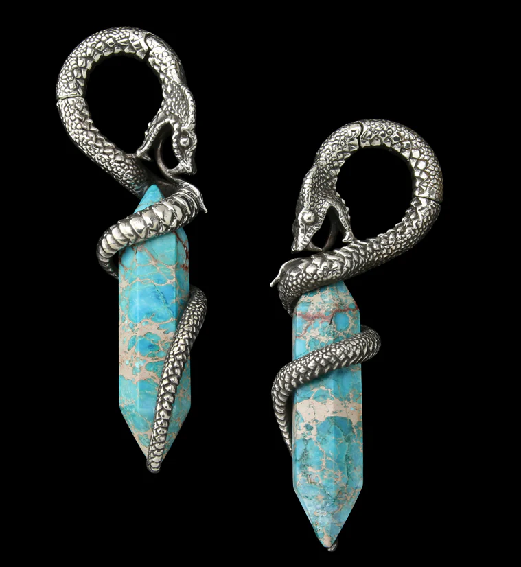 Blue Sea Sediment Stone Cobra White Brass Hinged Ear Weights - Mrs Treak
