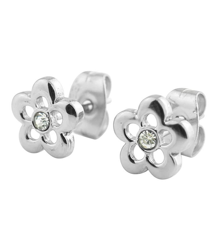 Flower Trace Clear CZ Stainless Steel Stud Earrings - Mrs Treak