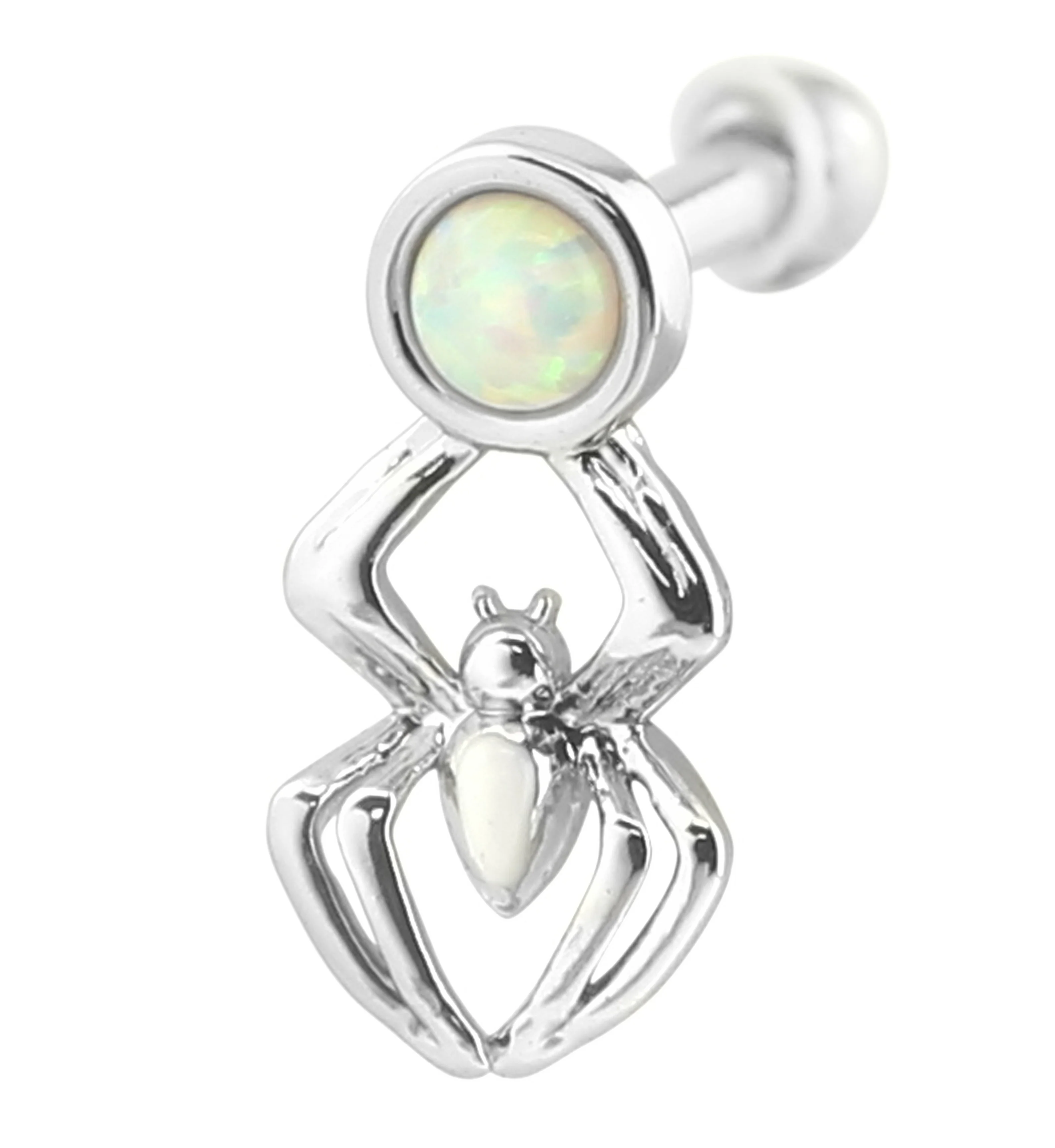 Hanging Spider White Opalite Stainless Steel Cartilage Barbell - Mrs Treak