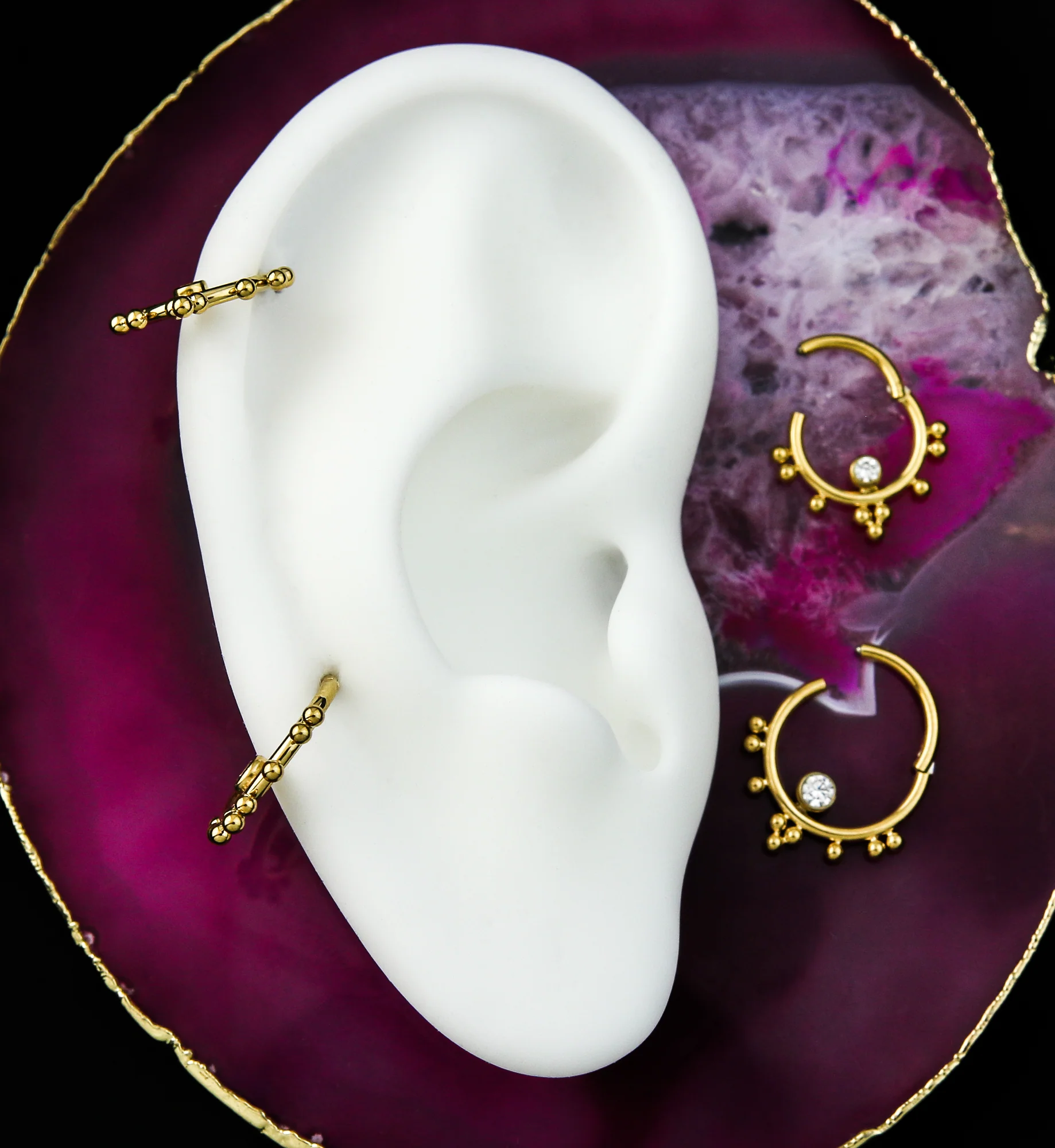 Gold PVD Beaded Cluster Clear CZ Stainless Steel Hinged Segment Ring - Mrs Treak