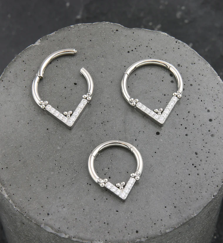 Point Beaded Clear CZ Titanium Hinged Segment Ring - Mrs Treak