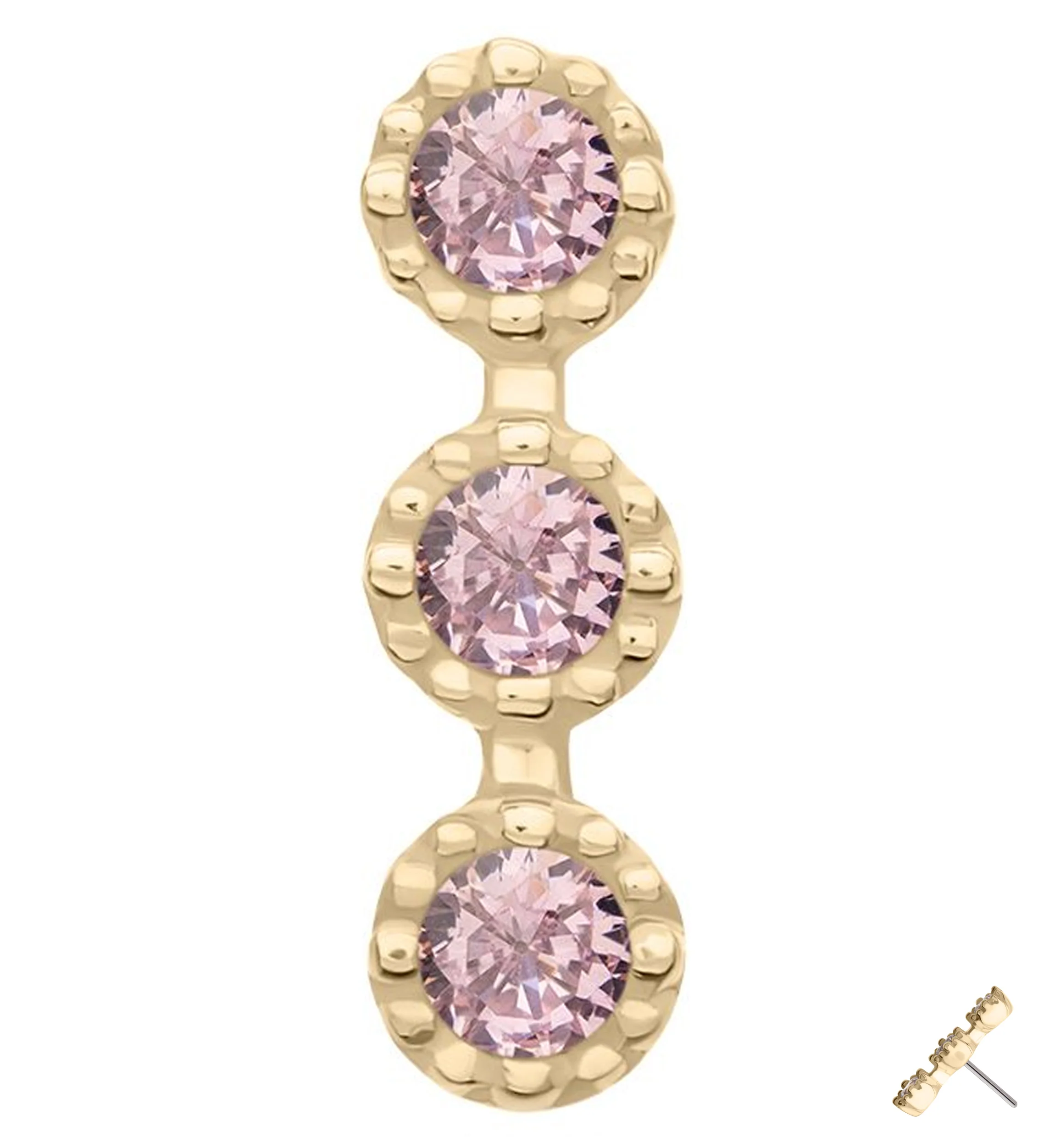 14kt Gold Triple Stacked Beaded Pink CZ Threadless Top - Mrs Treak