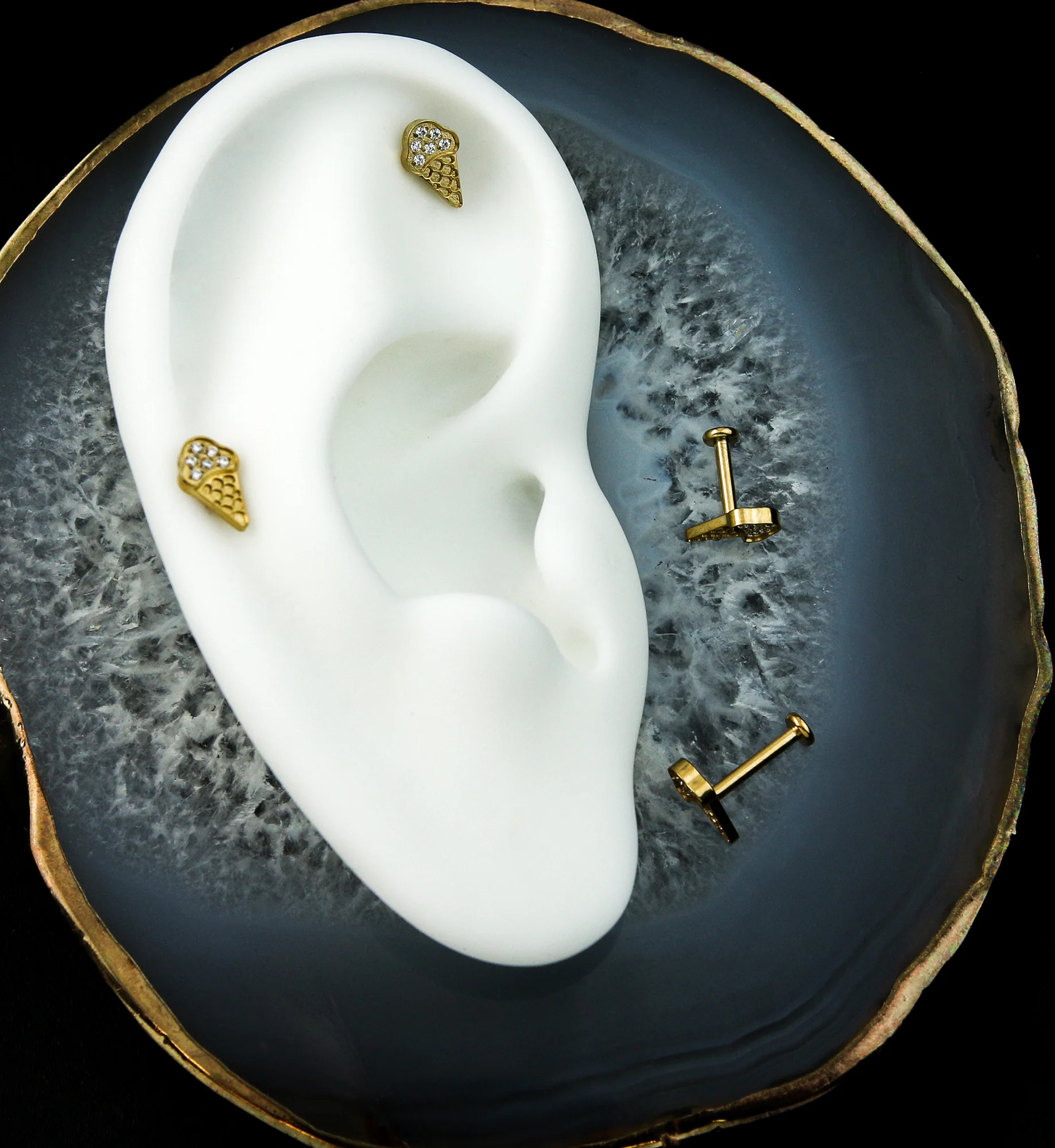 Gold PVD Ice Cream Cone Clear CZ Internally Threaded Titanium Labret Post - Mrs Treak