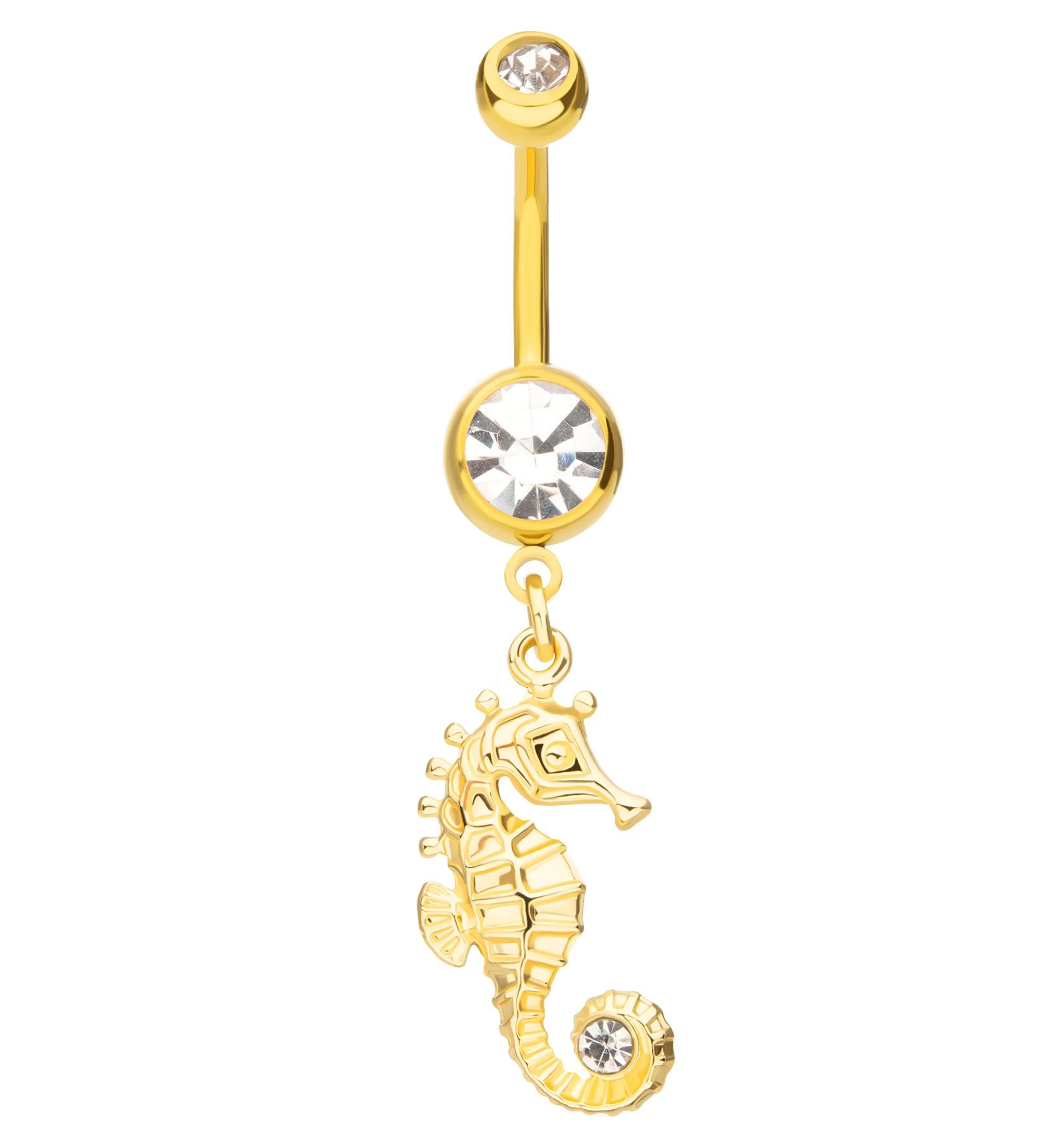Gold PVD Seahorse Clear CZ Dangle Stainless Steel Belly Button Ring - Mrs Treak