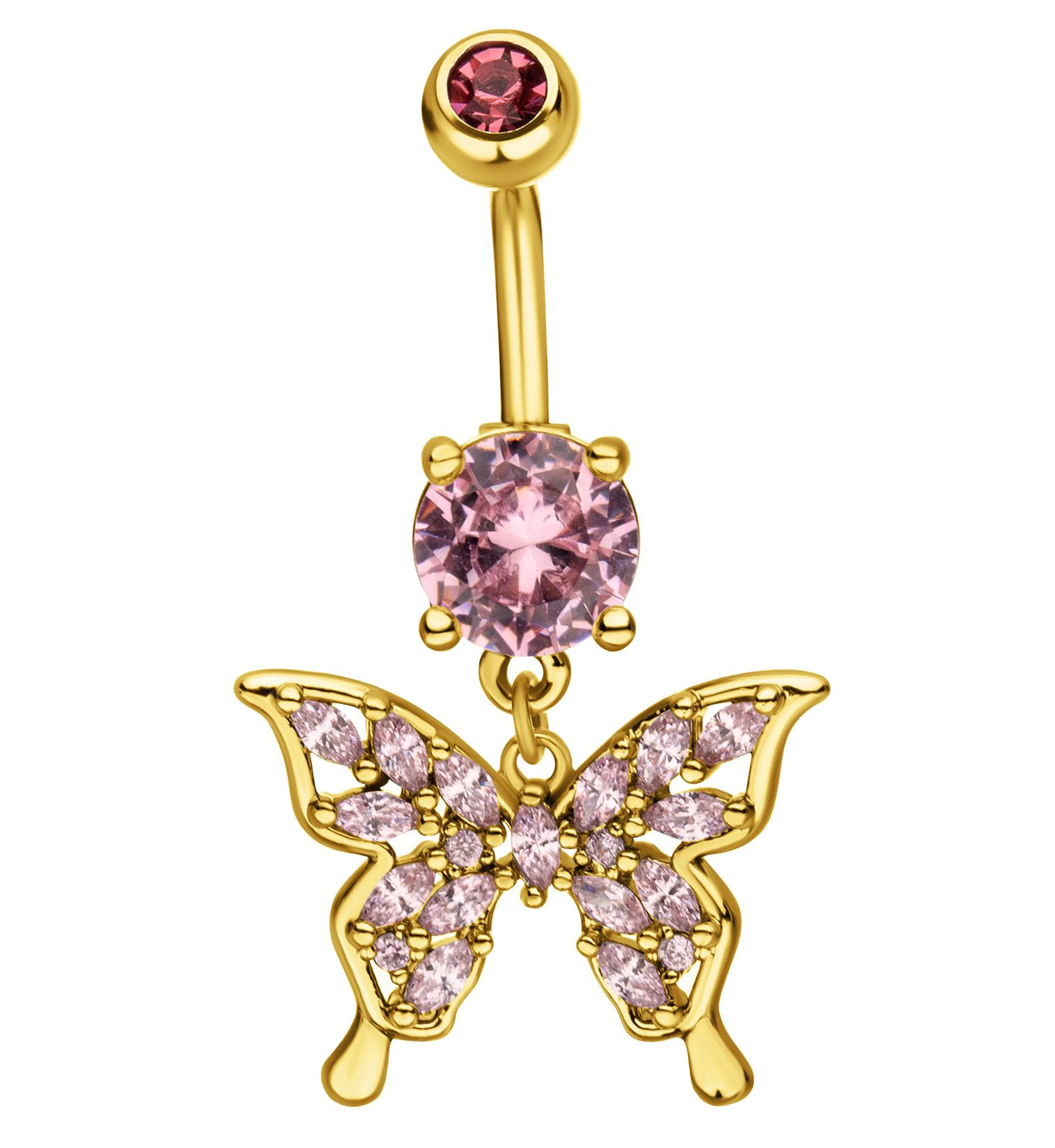 Gold PVD Butterfly Marquise Pink CZ Filled Dangle Stainless Steel Belly Button Ring - Mrs Treak