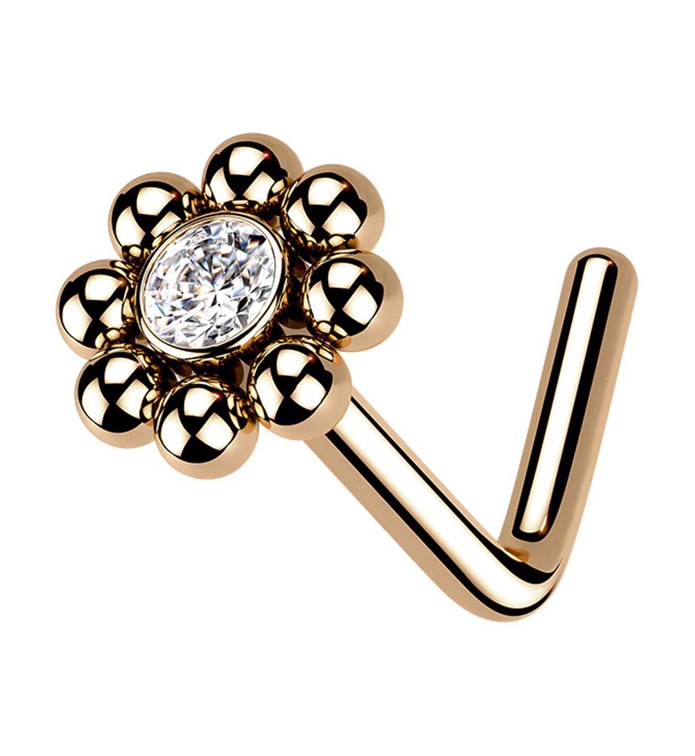 Rose Gold PVD Beaded Flower Clear CZ L Bend Nose Stud - Mrs Treak