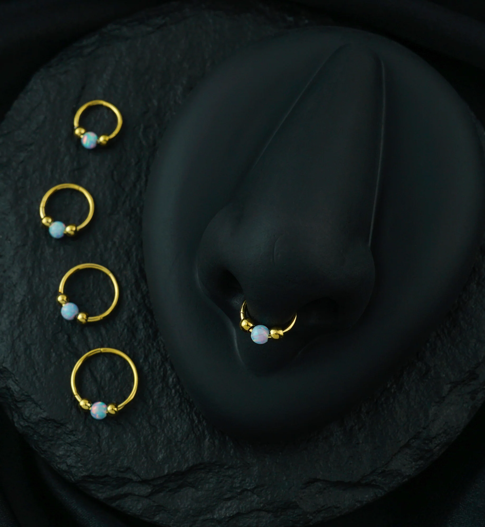 Gold PVD Triple Ball White Opalite Stainless Steel Hinged Segment Ring - Mrs Treak