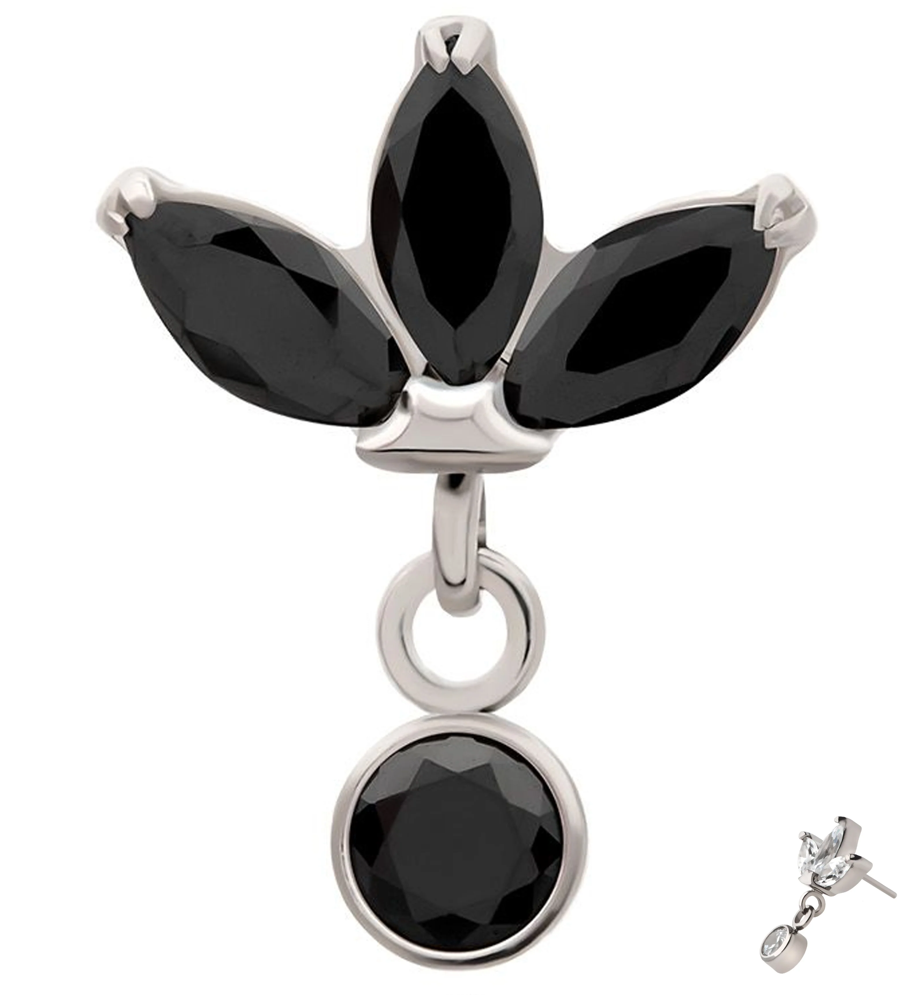 Triple Sepal Marquise Black CZ Bezel Dangle Titanium Threadless Top - Mrs Treak