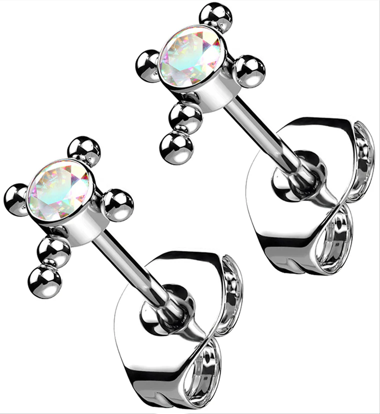 Beaded Cross Rainbow Aurora CZ Titanium Threadless Earrings - Mrs Treak