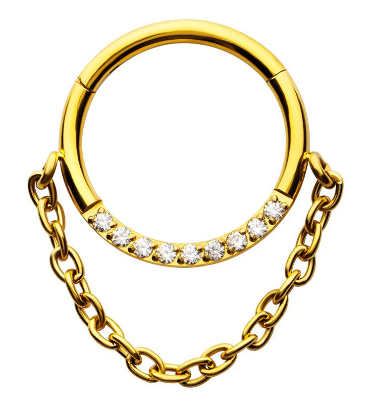 Gold PVD Pave Clear CZ Dangle Chain Stainless Steel Hinged Segment Ring - Mrs Treak